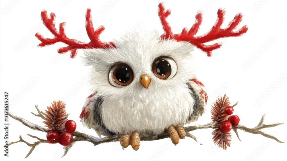 Fototapeta premium Playful Owl with Red Antlers on Branch