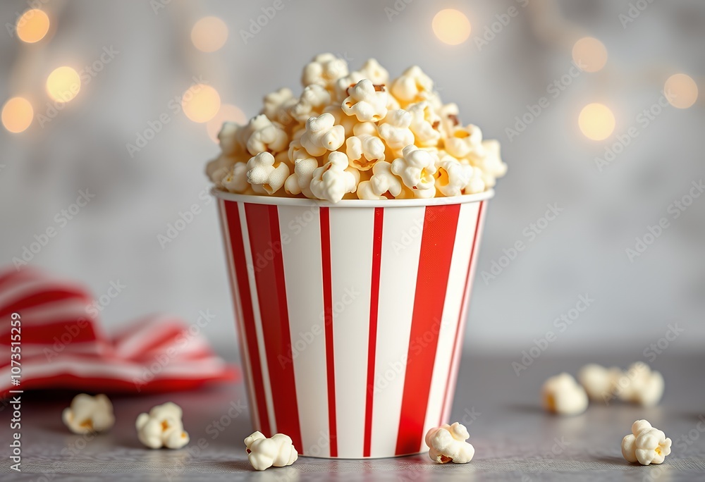 Popcorn in Red and White Striped Bucket with Festive Lights Popcorn in Red and White Striped Bucket with Festive Lights