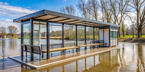 Modern Pavilion by Water in Scenic Park Landscape