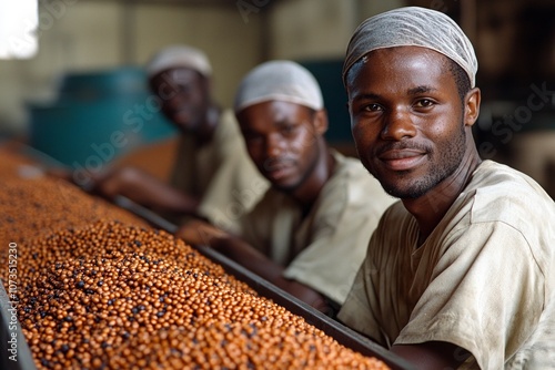 Workers are actively engaged sorting and cleaning pulses using equipment remove impurities while ensuring food safety. Clean uniforms and hairnets are worn. photo