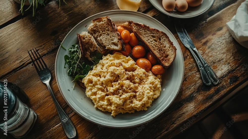 Savory Breakfast Plate with Scrambled Eggs and Tomatoes Savory Breakfast Plate with Scrambled Eggs and Tomatoes