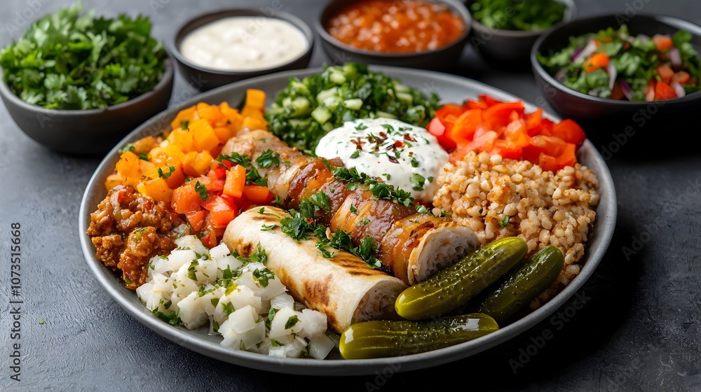 Mouthwatering Lebanese Shawarma Plate Featuring Tender Meat Crisp Vegetables Tangy Pickles and Creamy Sauces for a Delightful Middle Eastern Culinary Experience Mouthwatering Lebanese Shawarma Plate Featuring Tender Meat Crisp Vegetables Tangy Pickles and Creamy Sauces for a Delightful Middle Eastern Culinary Experience