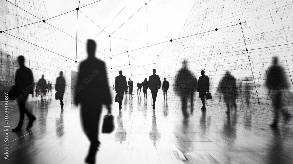 Connected Business Silhouettes in Modern Setting Connected Business Silhouettes in Modern Setting