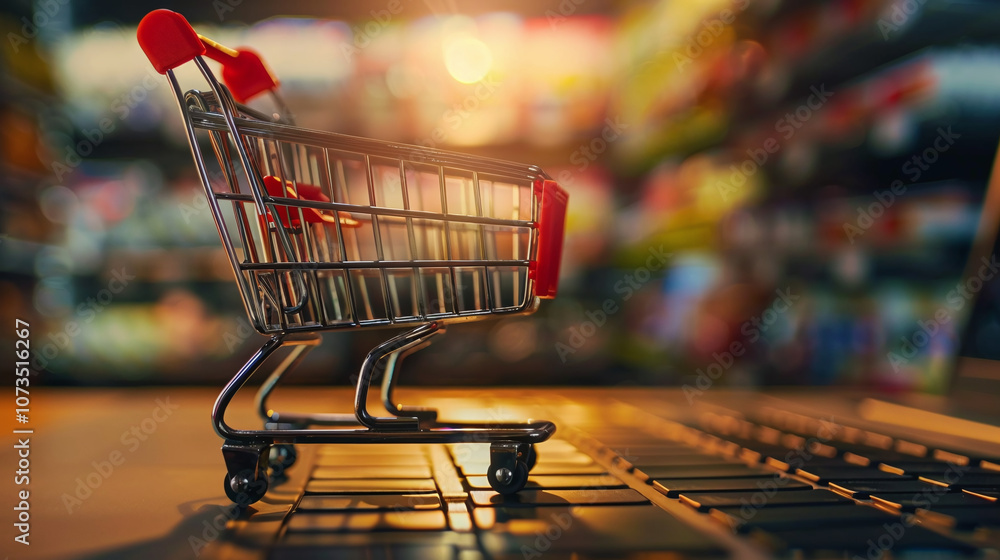 A shopping cart stands alone on a keyboard in a grocery store setting during dusk, capturing the intersection of digital and traditional retail experiences A shopping cart stands alone on a keyboard in a grocery store setting during dusk, capturing the intersection of digital and traditional retail experiences