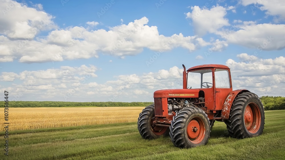 Red tractor parked in green field near harvested wheat crop under cloudy sky Red tractor parked in green field near harvested wheat crop under cloudy sky