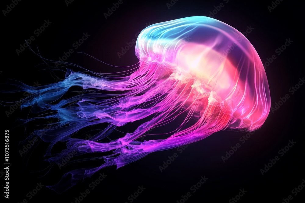 Glowing Jellyfish with Pink and Purple Tentacles in Dark Ocean Glowing Jellyfish with Pink and Purple Tentacles in Dark Ocean