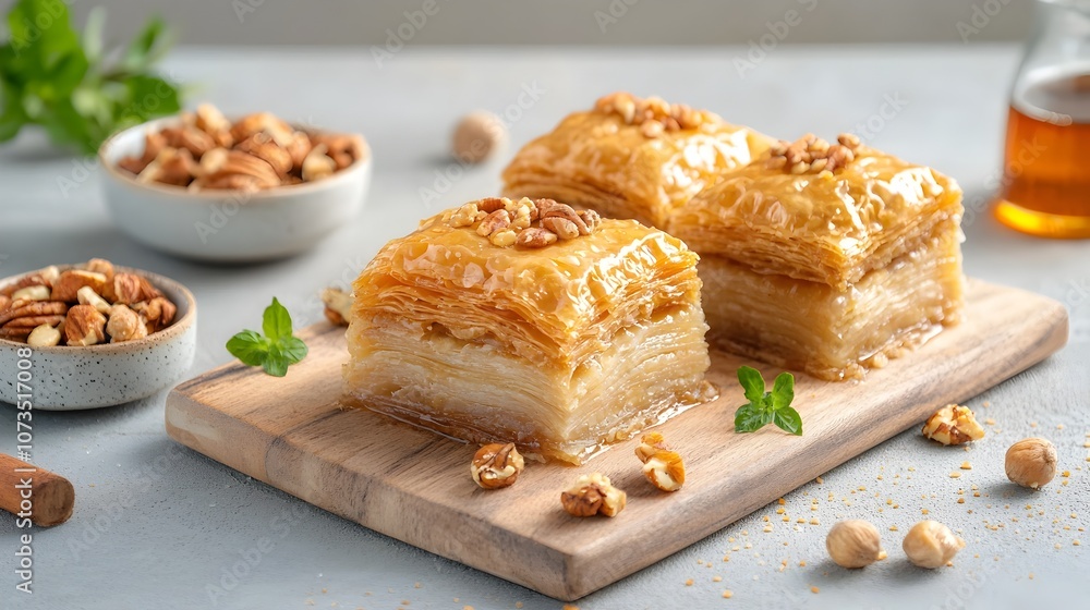 Close up view of a visually stunning and delicious Turkish baklava dessert featuring layers of flaky phyllo pastry chopped nuts and a drizzle of sweet honey or syrup Close up view of a visually stunning and delicious Turkish baklava dessert featuring layers of flaky phyllo pastry chopped nuts and a drizzle of sweet honey or syrup