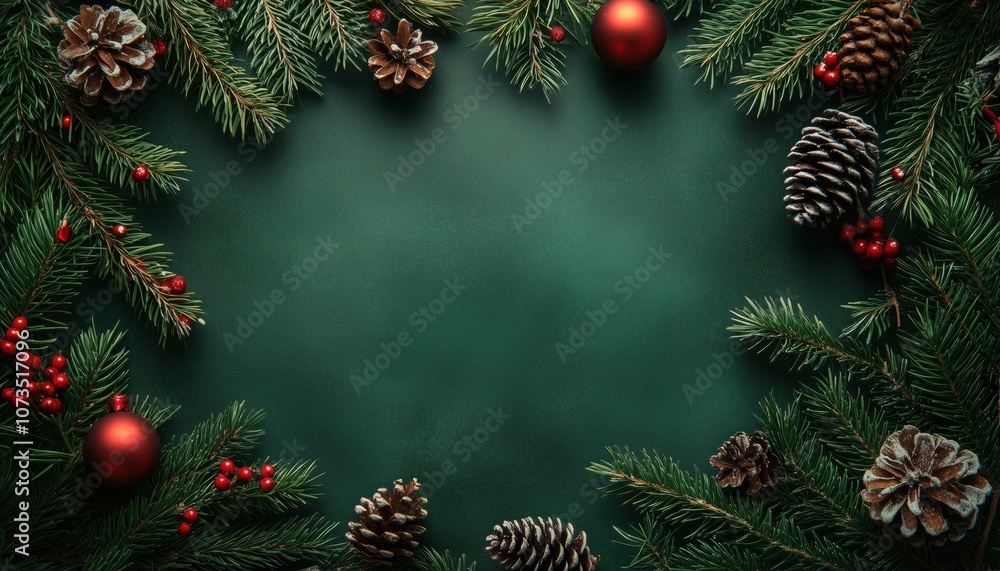 Modern Christmas Card Mock-Up With Stylish Decorations And Fir Branches On Green Background. Blank Postcard Template For Text. Merry Christmas! Modern Christmas Card Mock-Up With Stylish Decorations And Fir Branches On Green Background. Blank Postcard Template For Text. Merry Christmas!
