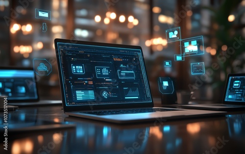 Laptop screen surrounded by cloud storage icons and floating files, showing data being accessed by various devices, emphasizing cloudbased business solutions, Generative AI photo