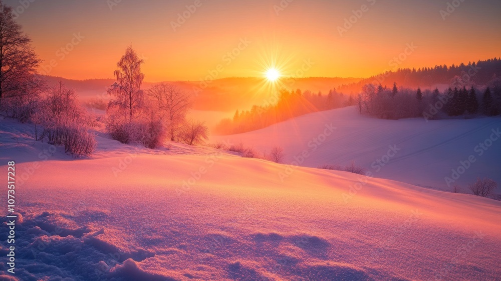 A vibrant winter sunrise illuminates a snowy landscape with frosty trees and rolling hills, creating a serene and magical atmosphere. A vibrant winter sunrise illuminates a snowy landscape with frosty trees and rolling hills, creating a serene and magical atmosphere.