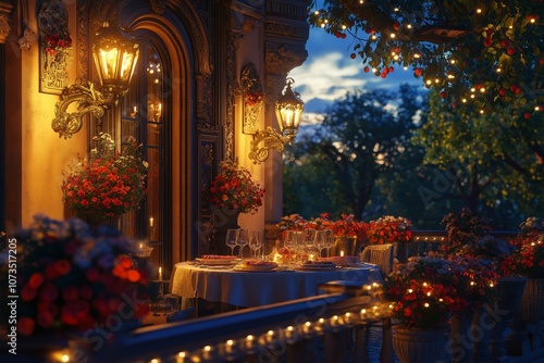Wallpaper Mural A cozy and romantic dinner setup on a balcony adorned with glowing fairy lights and blooming flowers, set against an elegant architectural background, perfect for an intimate evening Torontodigital.ca
