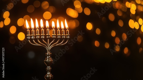 A beautifully lit menorah with eight burning candles, set against a warm, golden bokeh background, creating a festive Hanukkah atmosphere. photo