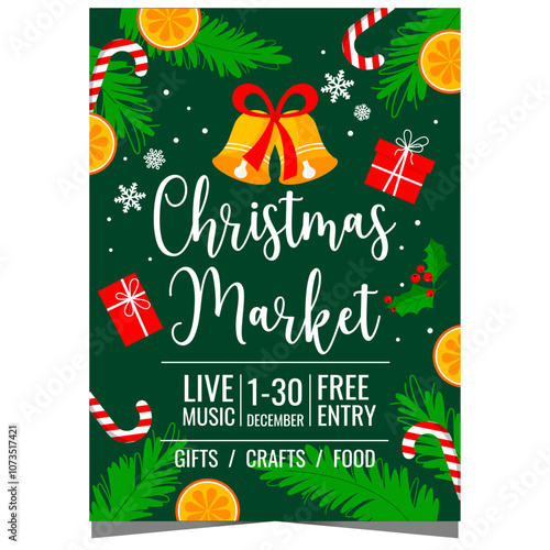 Christmas market invitation banner or poster with traditional decorations. Ready for print or for web leaflet or flyer for a street fair associated with the celebration of winter holidays.