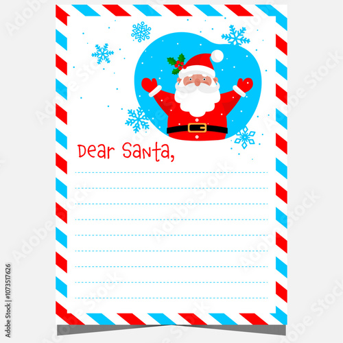 Christmas letter to Santa blank template with empty lines to fill out by kids during holidays. Vector illustration of Christmas postcard with cute Santa Claus character and snowflakes.