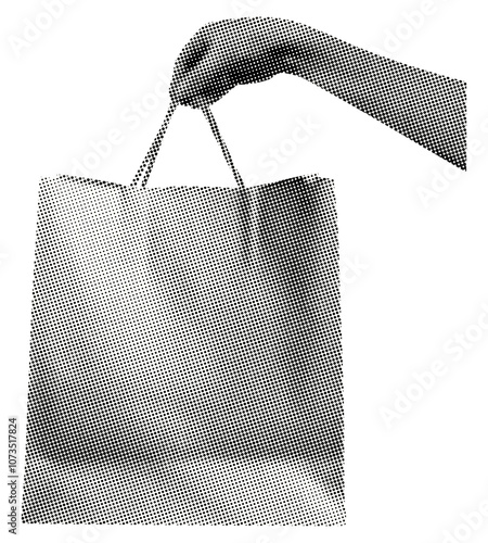 hand with shopping bag isolated retro halftone grunge dotted cut-out collage element for mixed media design