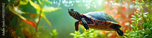 A painted turtle swims lazily in a small aquarium, surrounded by water plants. photo