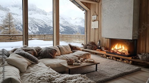 Cozy Cabin Living Room with Mountain View and Fireplace