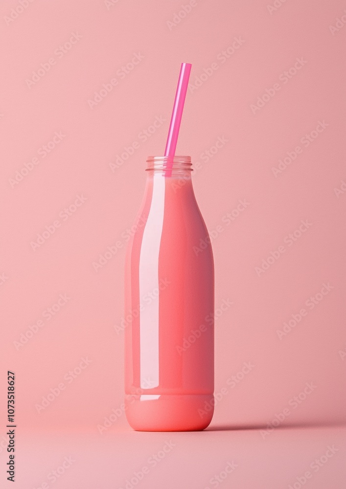 A bottle of pink juice with a pink straw in it A bottle of pink juice with a pink straw in it