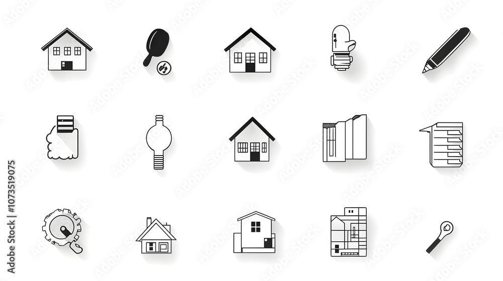 featuring a set of minimalist outline icons representing various concepts related to home ownership mortgage real estate and personal finance on a clean white background featuring a set of minimalist outline icons representing various concepts related to home ownership mortgage real estate and personal finance on a clean white background