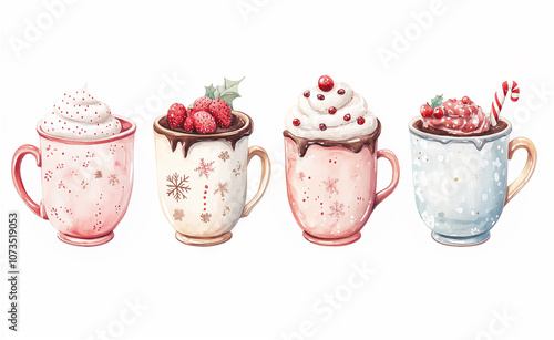 Watercolor Christmas illustration. Set of colorful mugs,  filled with whipped cream. Isolated on white background photo