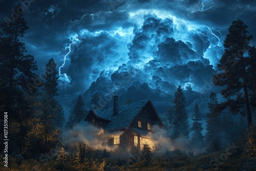 Cozy cabin in a forest during a thunderstorm, illuminated windows, dark clouds, dramatic atmosphere, nature s power and tranquility, moody landscape with settings of mystery