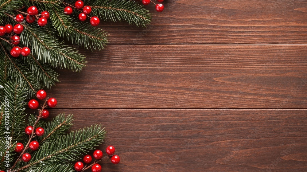 A festive arrangement of green pine branches and red berries against a rustic wooden background, perfect for holiday decorations. A festive arrangement of green pine branches and red berries against a rustic wooden background, perfect for holiday decorations.