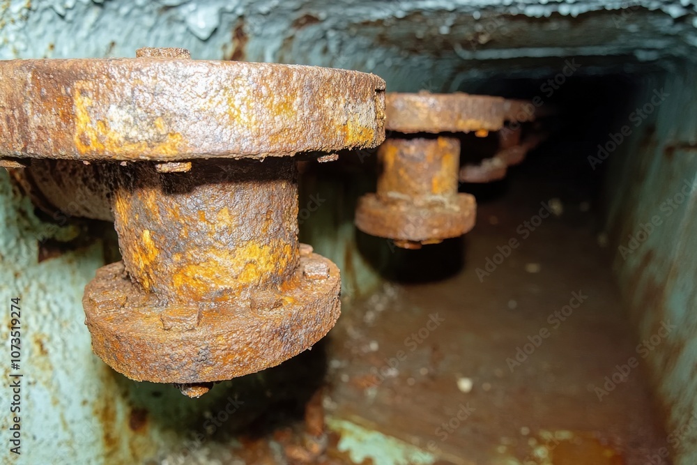 Rusty Limestone Deposits Cover Pipes of an Industrial Gas Steam Boiler in an Abandoned Facility
