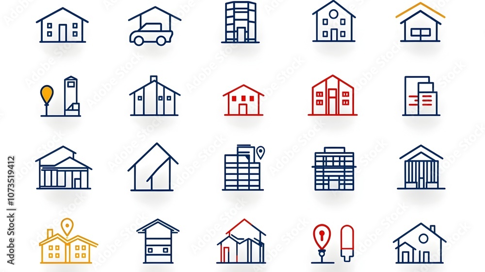Fototapeta premium Comprehensive set of outline icons depicting a diverse range of building types and architectural styles for the real estate industry including residential commercial and industrial properties