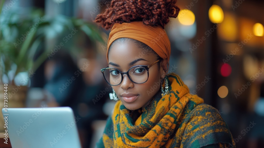 Fototapeta premium Business freelancer young black woman african american girl using laptop computer for work at a cafe. Modern technology with online internet. Remote work, freelance.