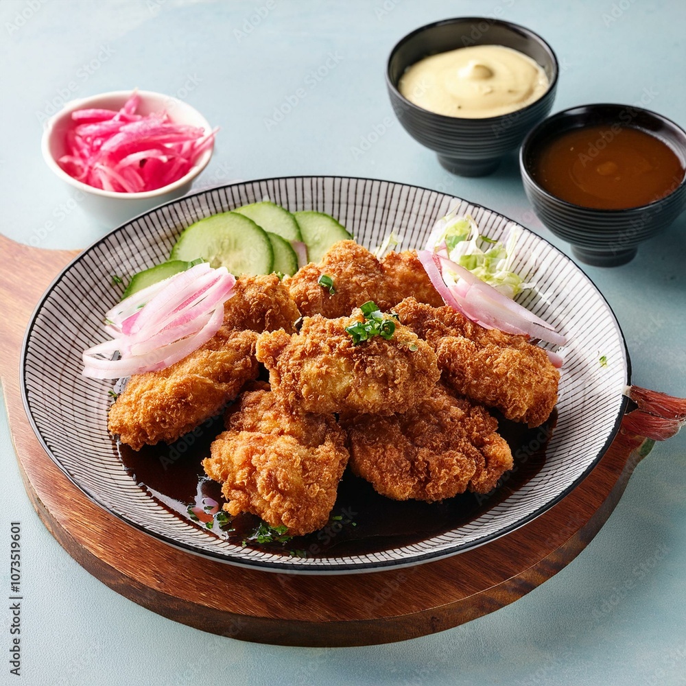 chicken karage with a glossy sauce, served with sides like pickled radish chicken karage with a glossy sauce, served with sides like pickled radish