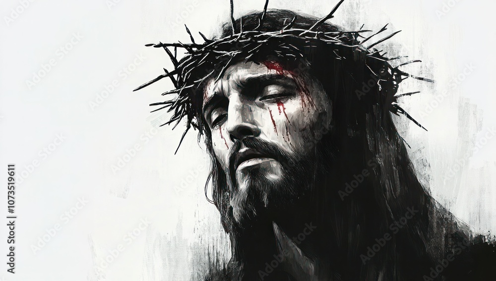 Jesus in Pain: Vector Illustration of Crown of Thorns in Black and White Brush Strokes, Closeup Shot with Gray Gradient Background Jesus in Pain: Vector Illustration of Crown of Thorns in Black and White Brush Strokes, Closeup Shot with Gray Gradient Background