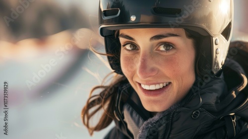 A young woman smiles while wearing a ski helmet at a snowy mountain resort during winter recreation activities photo