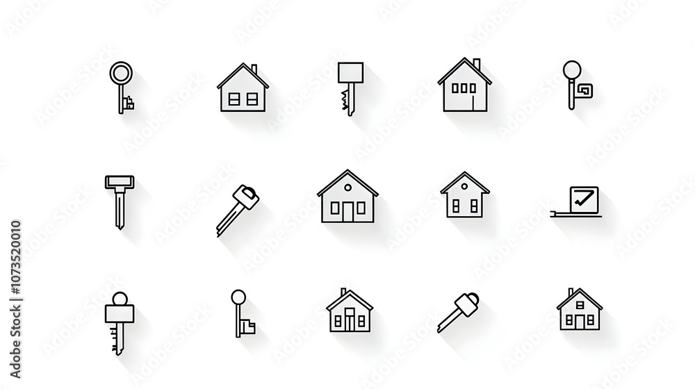 Comprehensive collection of modern minimalist line icons representing various real estate concepts and elements such as keys contracts house listings residential and commercial properties Comprehensive collection of modern minimalist line icons representing various real estate concepts and elements such as keys contracts house listings residential and commercial properties