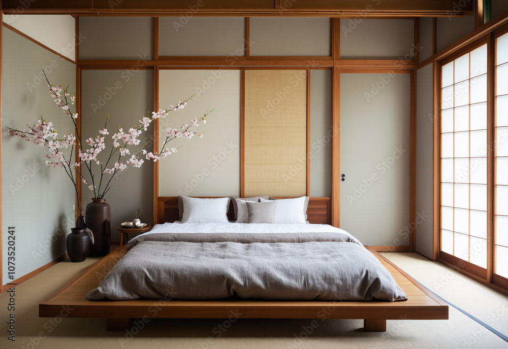 A serene Japanese bedroom with tatami flooring, a low futon bed with a linen duvet and sliding paper doors that let in natural light. The walls are painted in a calming light grey and a single cherry A serene Japanese bedroom with tatami flooring, a low futon bed with a linen duvet and sliding paper doors that let in natural light. The walls are painted in a calming light grey and a single cherry