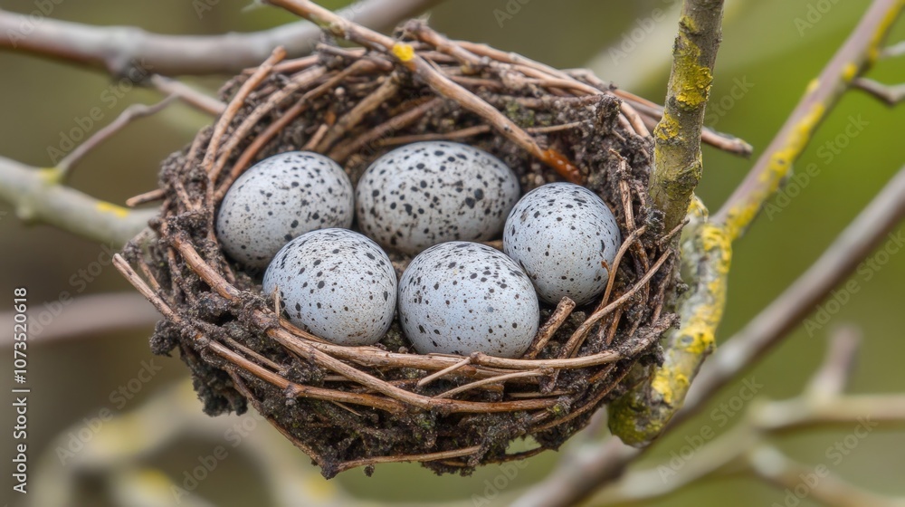 A nest of five speckled bird eggs in a tree branch. A nest of five speckled bird eggs in a tree branch.