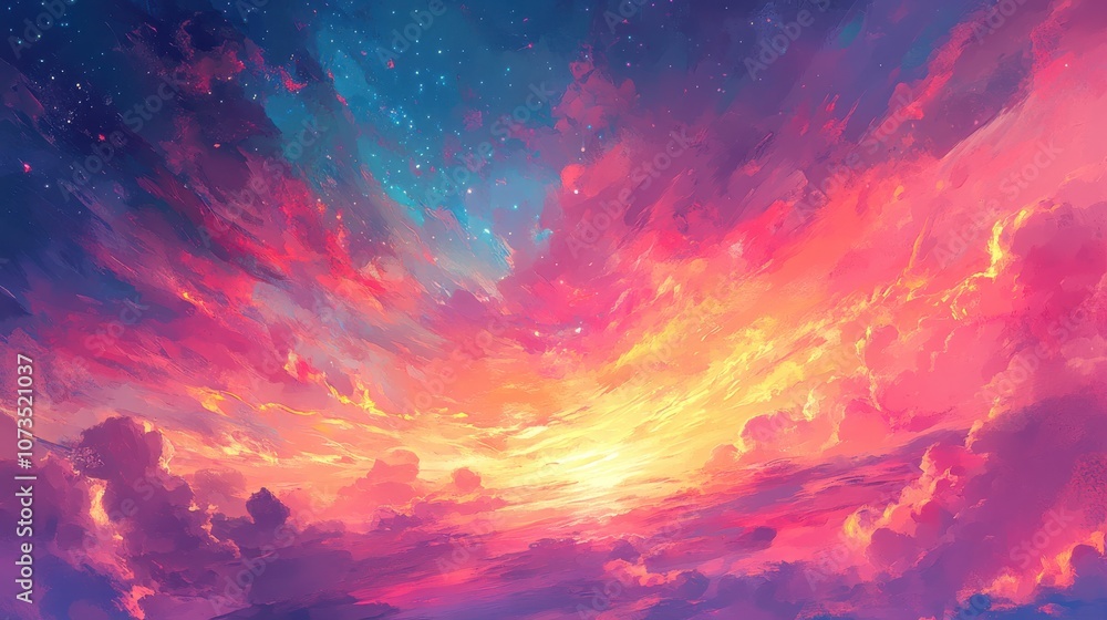 Vibrant sunset sky with fluffy clouds and scattered stars. Vibrant sunset sky with fluffy clouds and scattered stars.