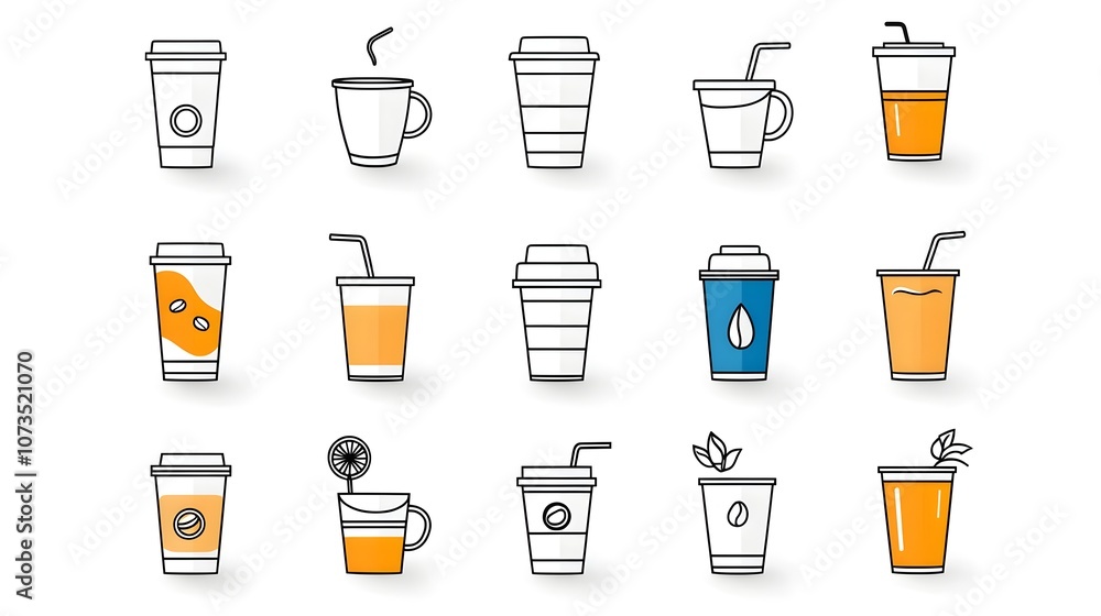 Collection of minimalist outline icons depicting various coffee cups juice containers and other beverages in a clean simple and geometric design style Collection of minimalist outline icons depicting various coffee cups juice containers and other beverages in a clean simple and geometric design style