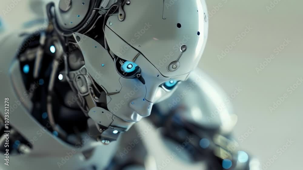 Close-up of a sophisticated robot's head with a human-like face and a blue illuminated eye, showcasing intricate artificial intelligence design Close-up of a sophisticated robot's head with a human-like face and a blue illuminated eye, showcasing intricate artificial intelligence design
