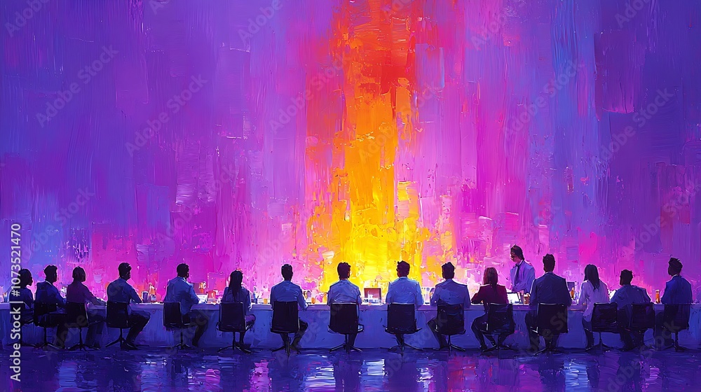 A group of people are seated at a long table in a brightly lit room, with a large orange and purple light source in the background. A group of people are seated at a long table in a brightly lit room, with a large orange and purple light source in the background.