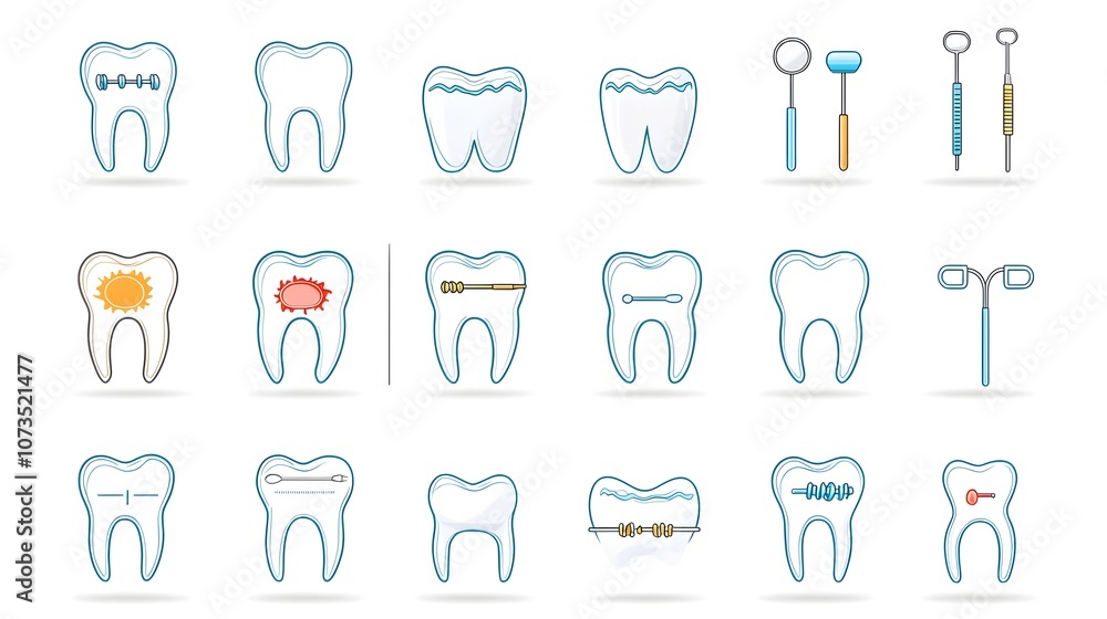 Comprehensive set of 24 linear dental icons featuring various dental health and treatment concepts such as tooth decay fillings orthodontic braces Comprehensive set of 24 linear dental icons featuring various dental health and treatment concepts such as tooth decay fillings orthodontic braces