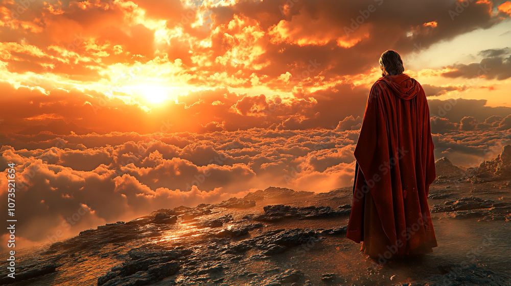 Jesus Christ standing on mountain at sunset, symbolic of faith. Religious image of Jesus Christ gazing over illuminated sky. Jesus Christ standing on mountain at sunset, symbolic of faith. Religious image of Jesus Christ gazing over illuminated sky.