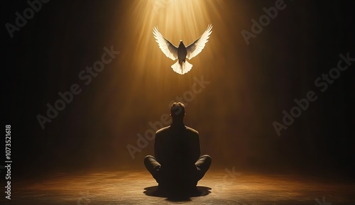 A Man Kneeling in Prayer with a White Dove of Peace Hovering

 photo