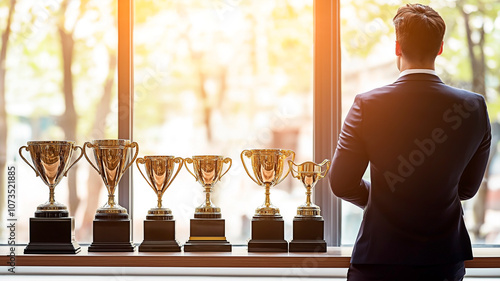 Businessman reflecting on trophies symbolizing excellence and success in business carrer concept. photo