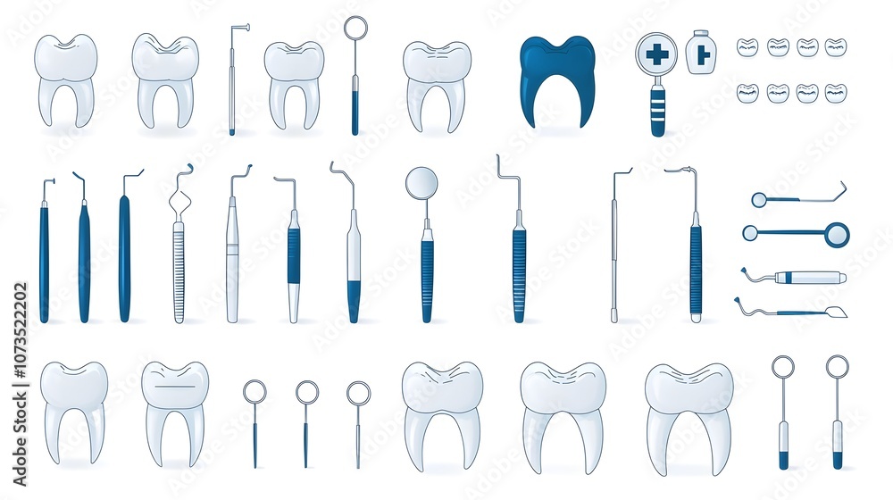 Comprehensive set of dental care icons including fillings dental tools and healthy teeth on a white background Comprehensive set of dental care icons including fillings dental tools and healthy teeth on a white background