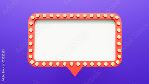 Photography Retro billboard display box or blank long red signboard with glowing yellow neon light bulbs isolated on purple background