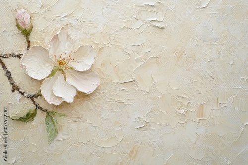 Impasto Oil Painting of Small Blooming White Flower with Pink Edges on Light Beige Background, Delicate Strokes