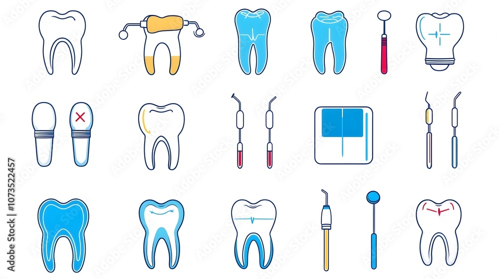 Comprehensive Dental Icon Set Depicting Essential Tools and Procedures for Oral Healthcare on Clean White Background Comprehensive Dental Icon Set Depicting Essential Tools and Procedures for Oral Healthcare on Clean White Background
