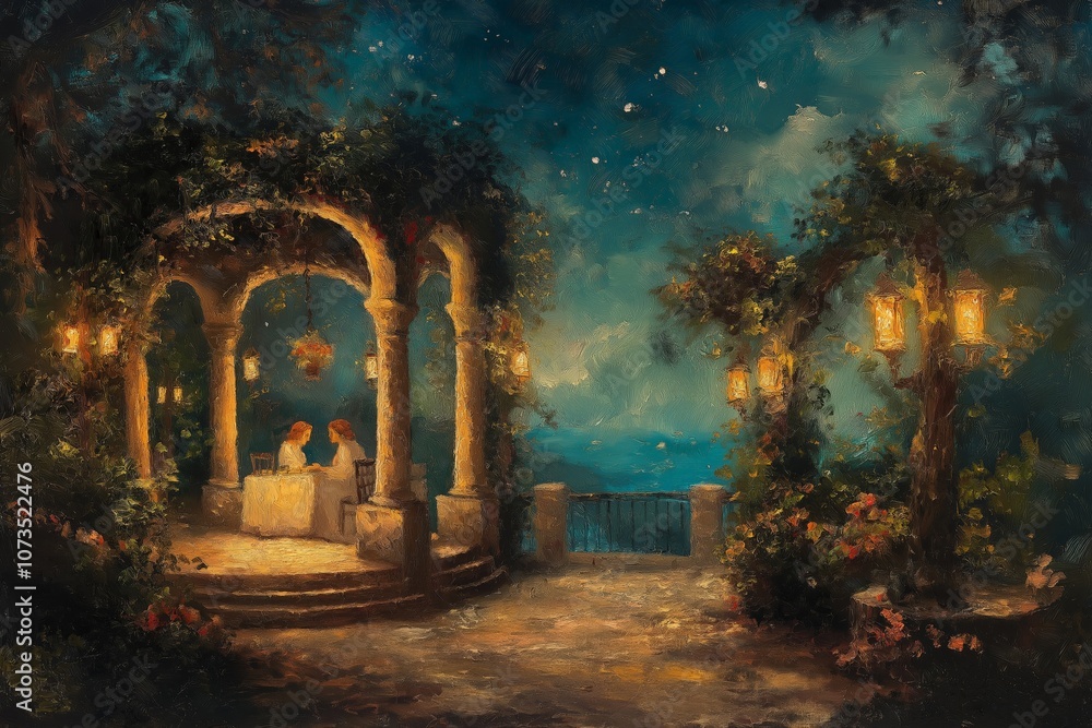 An atmospheric oil painting of a couple enjoying a romantic dinner under a candle-lit pergola at night, with soft lanterns and lush greenery surrounding them An atmospheric oil painting of a couple enjoying a romantic dinner under a candle-lit pergola at night, with soft lanterns and lush greenery surrounding them