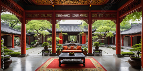 A Chinese living area opening onto a vibrant courtyard with a koi pond, blooming wisteria vines climbing along a stone wall and a traditional pavilion with red columns and a curved roof. 