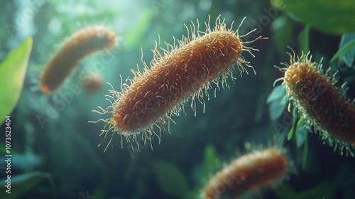 Close-up of bacteria floating in a natural environment, highlighting their detailed texture and hair-like structures.